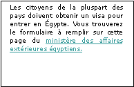Zone de Texte: Les citoyens de la pluspart des pays doivent obtenir un visa pour entrer en Égypte. Vous trouverez le formulaire à remplir sur cette page du ministère des affaires extérieures égyptiens.