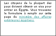Zone de Texte: Les citoyens de la pluspart des pays doivent obtenir un visa pour entrer en gypte. Vous trouverez le formulaire  remplir sur cette page du ministre des affaires extrieures gyptiens. 